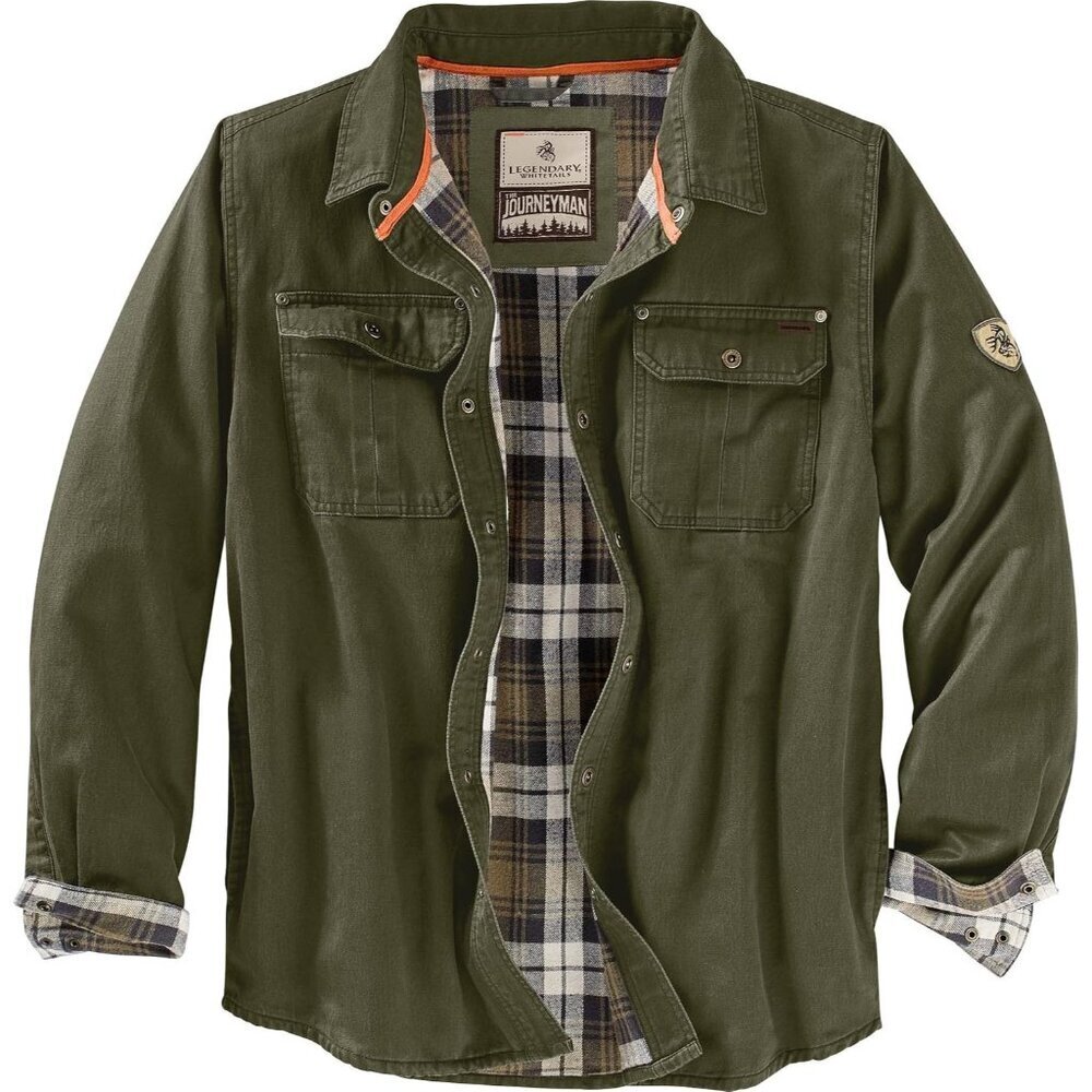 Mens Dark Army Whitetails Flannel Lined Shirt Jacket Waxed Cotton Water Resis
